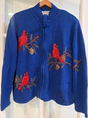 Tiara International Christmas cardinal blue zip up sweater red bird winter med